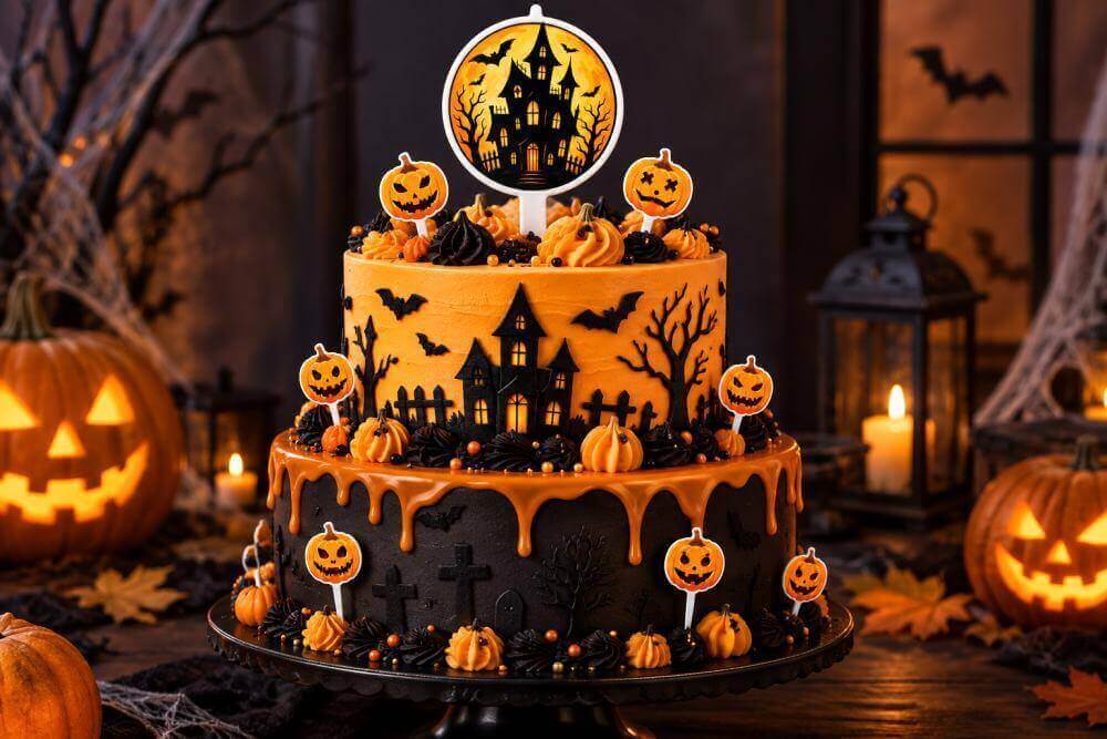 Halloweenský dort se zápichy s motivem dýní