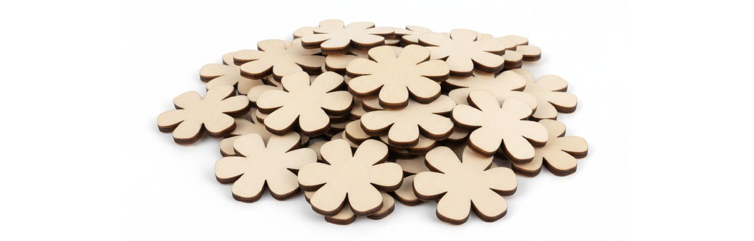 Dřevěné výřezy květin na hromadě